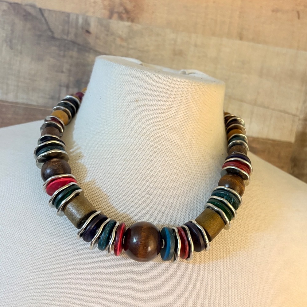 Multicolor Wood Bead Chunky Statement Necklace Boho Silver Tone Spacers